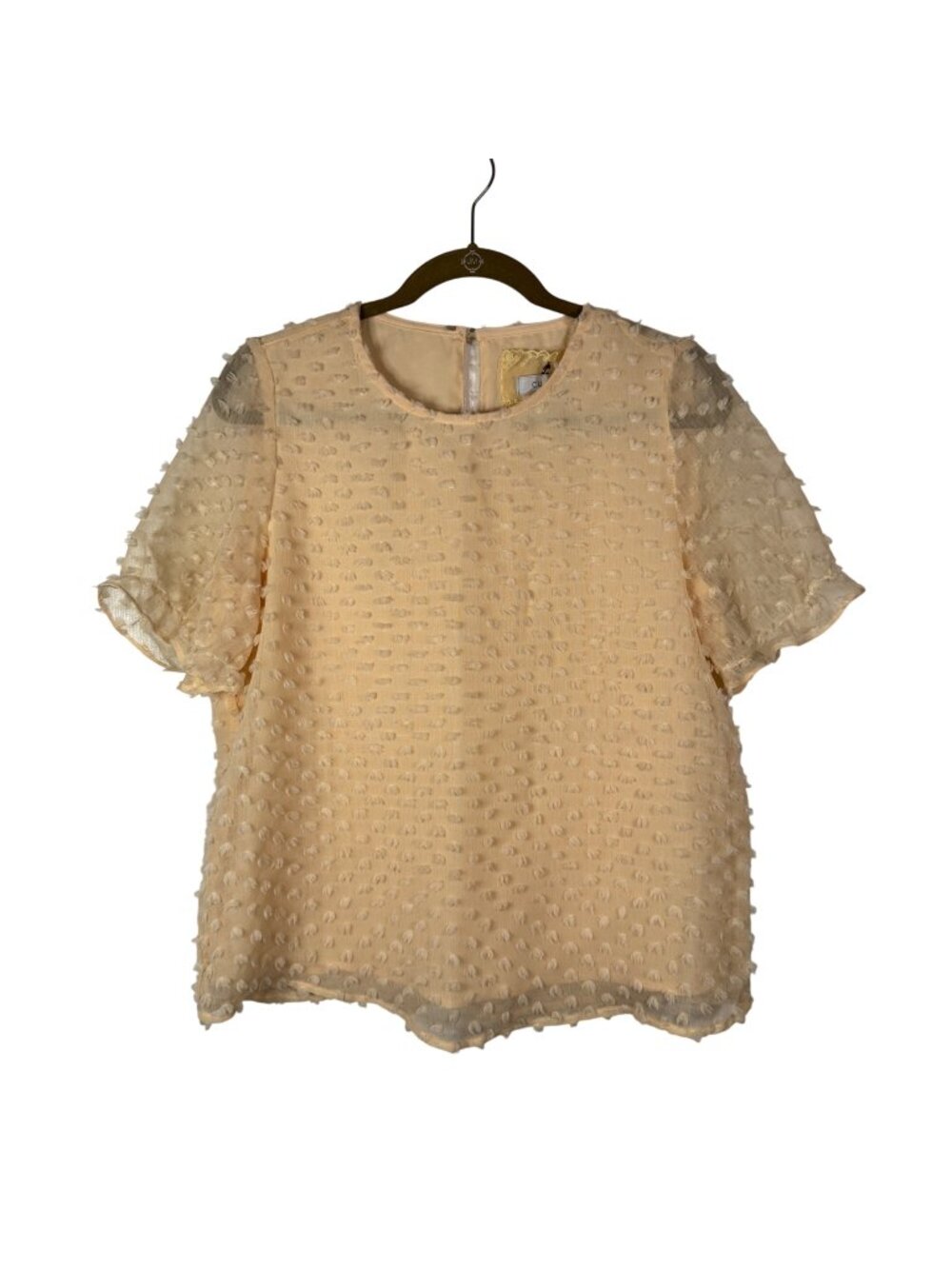Cupio Medium Beige Textured Sheer Clip Dot Pattern Short Sleeve Blouse Retro